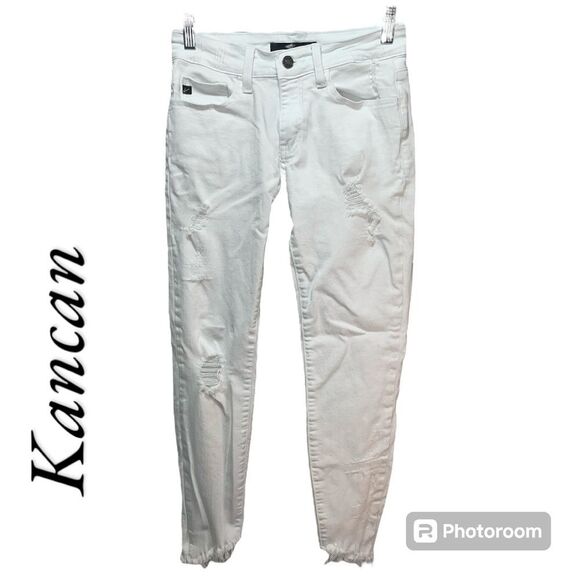 KanCan Estilo Distressed Raw Frayed Hem White Skinny Cropped Jeans Size 3/25 - Picture 2 of 12